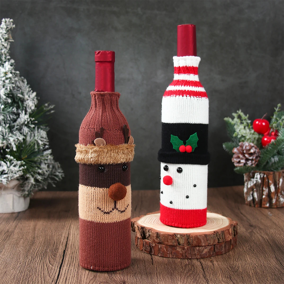 Christmas wine bottle covers set featuring a cute reindeer and a snowman design for festive celebrations
