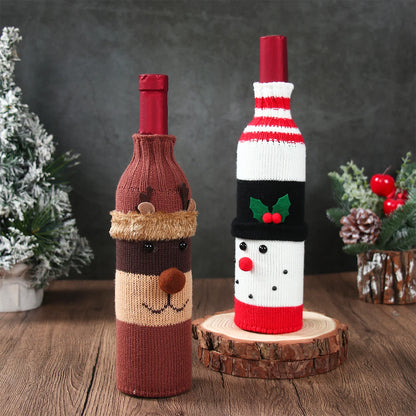 Christmas wine bottle covers set featuring a cute reindeer and a snowman design for festive celebrations