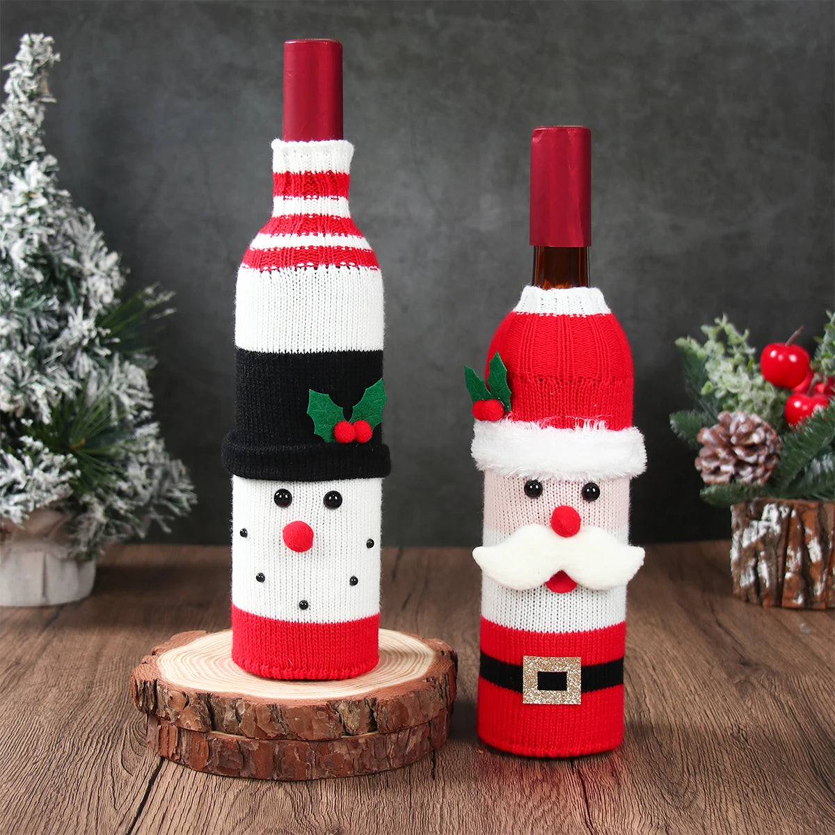 Christmas wine bottle covers set featuring Santa and snowman designs for festive holiday gifting