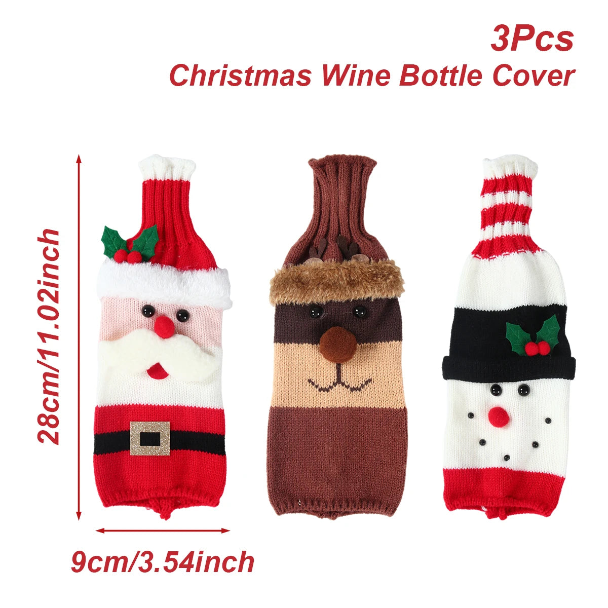 Christmas wine bottle covers set featuring Santa, a reindeer, and a snowman for festive holiday celebrations