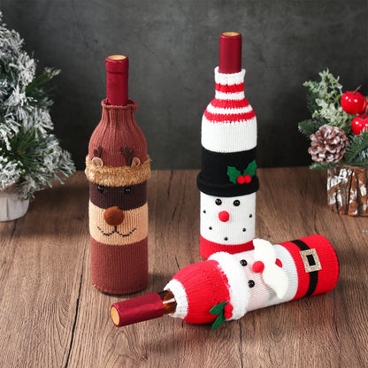 Christmas wine bottle covers set featuring a reindeer, snowman, and Santa design for festive gifting