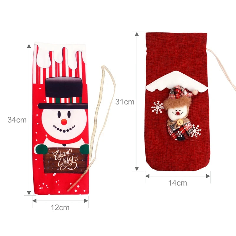 Colorful Christmas wine bottle covers featuring a snowman and a cozy bear for festive gifting