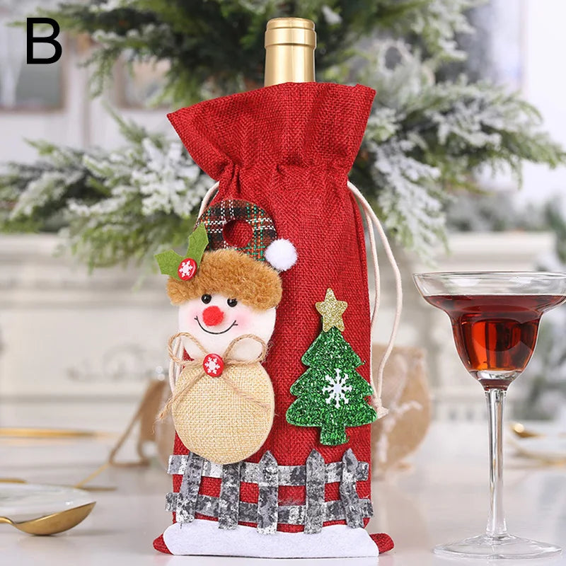 Festive Christmas wine bottle covers featuring a Christmas tree and snowman design in red fabric