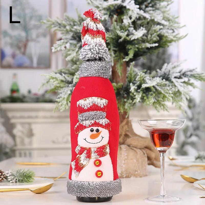 Christmas wine bottle covers featuring a snowman design with a red scarf and gray hat for festive gifting