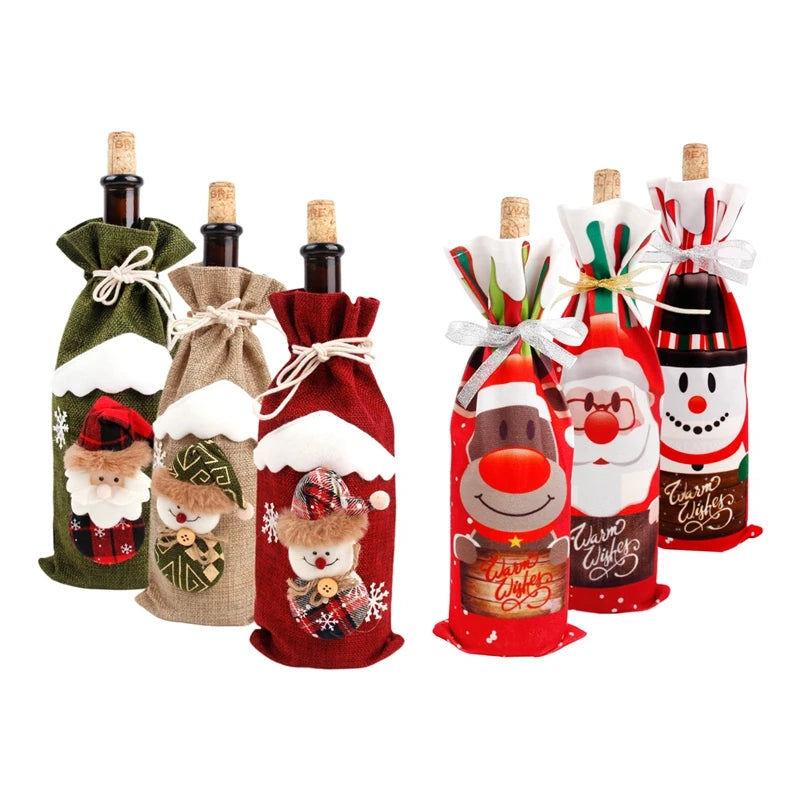 Set of Christmas wine bottle covers featuring Santa, snowman, and reindeer designs for festive celebrations