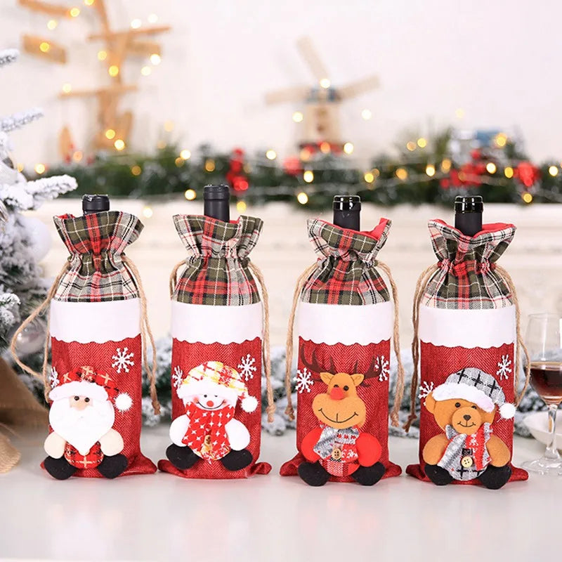 Set of four festive Christmas wine bottle covers featuring Santa, snowman, reindeer, and bear designs