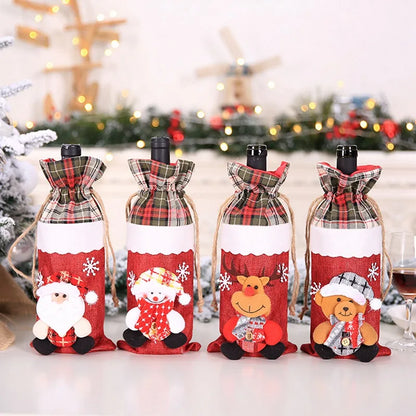 Set of four festive Christmas wine bottle covers featuring Santa, snowman, reindeer, and bear designs