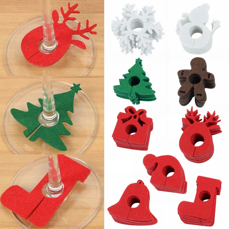 Christmas wine glass charms set with various festive designs including trees, snowflakes, and stockings