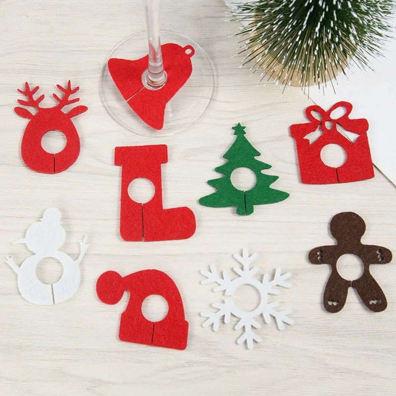 Christmas wine glass charms set with colorful felt designs including reindeer, snowman, and Christmas tree