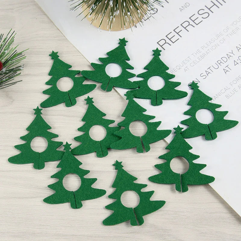 Christmas wine glass charms set featuring nine green felt tree-shaped markers for festive gatherings