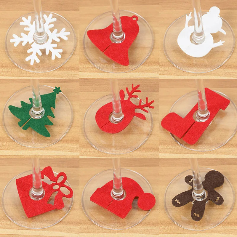 Christmas wine glass charms set featuring festive designs like snowflakes, bells, and Christmas trees