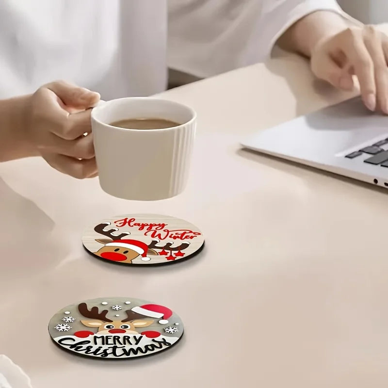 Christmas wood coaster set featuring festive designs with Merry Christmas and Happy Winter themes
