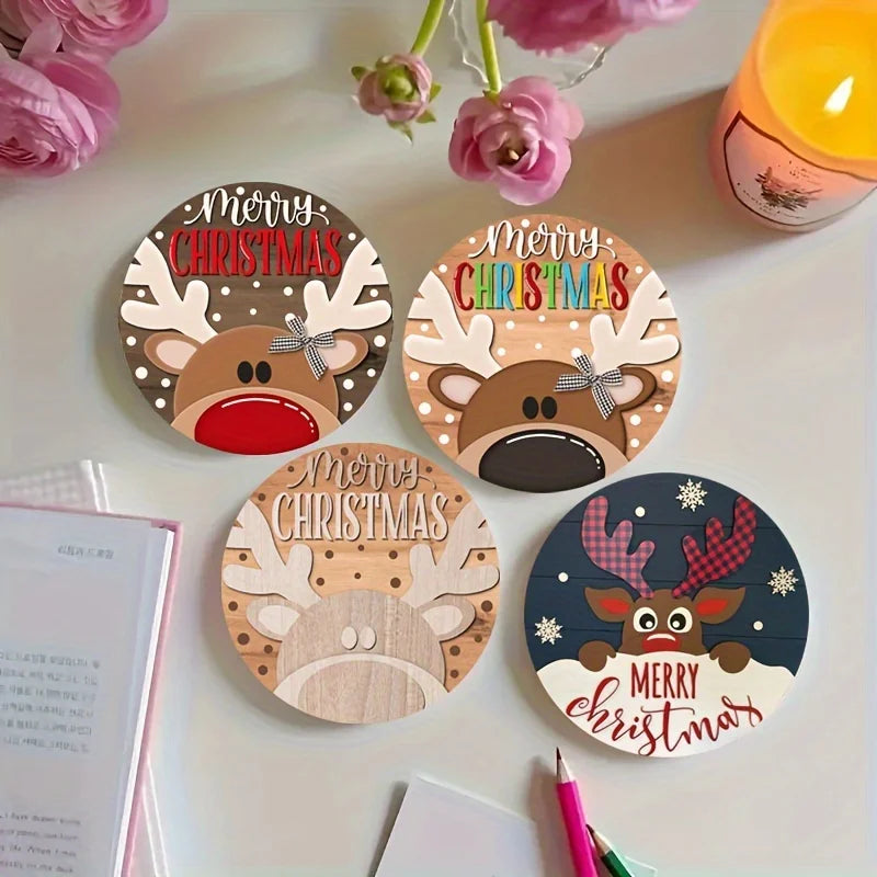 Christmas wood coaster set featuring festive reindeer designs with colorful holiday decorations