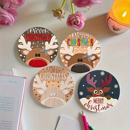 Christmas wood coaster set featuring festive reindeer designs with colorful holiday decorations