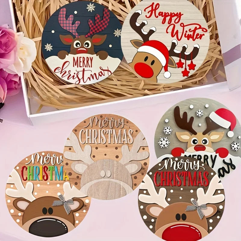 Christmas wood coaster set featuring festive designs with reindeer and winter themes