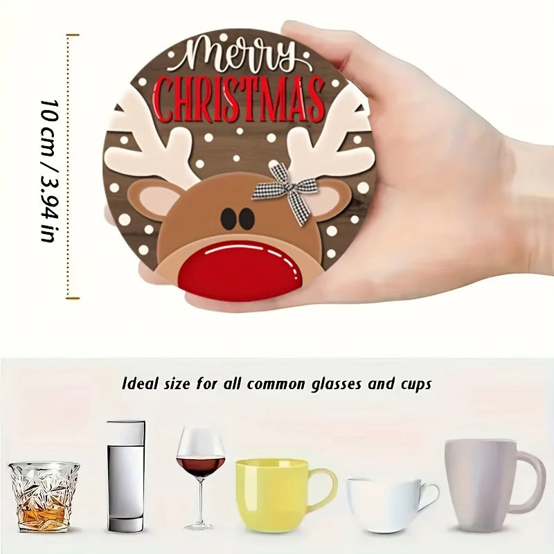 Christmas wood coaster set featuring a reindeer design, perfect for cups and glasses