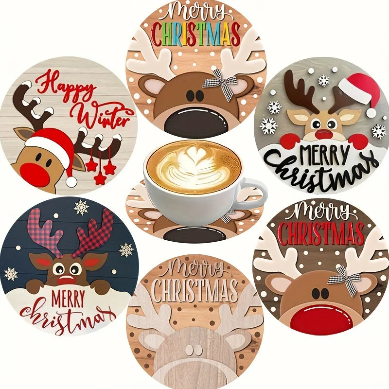 Christmas wood coaster set featuring festive reindeer designs and holiday messages for winter gatherings