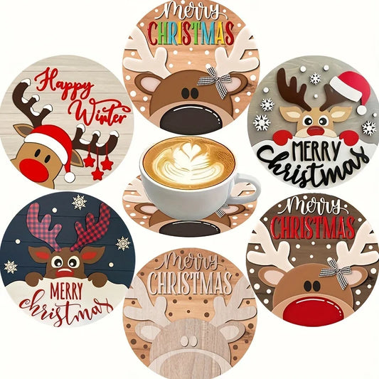 Christmas wood coaster set featuring festive reindeer designs and holiday messages for winter gatherings