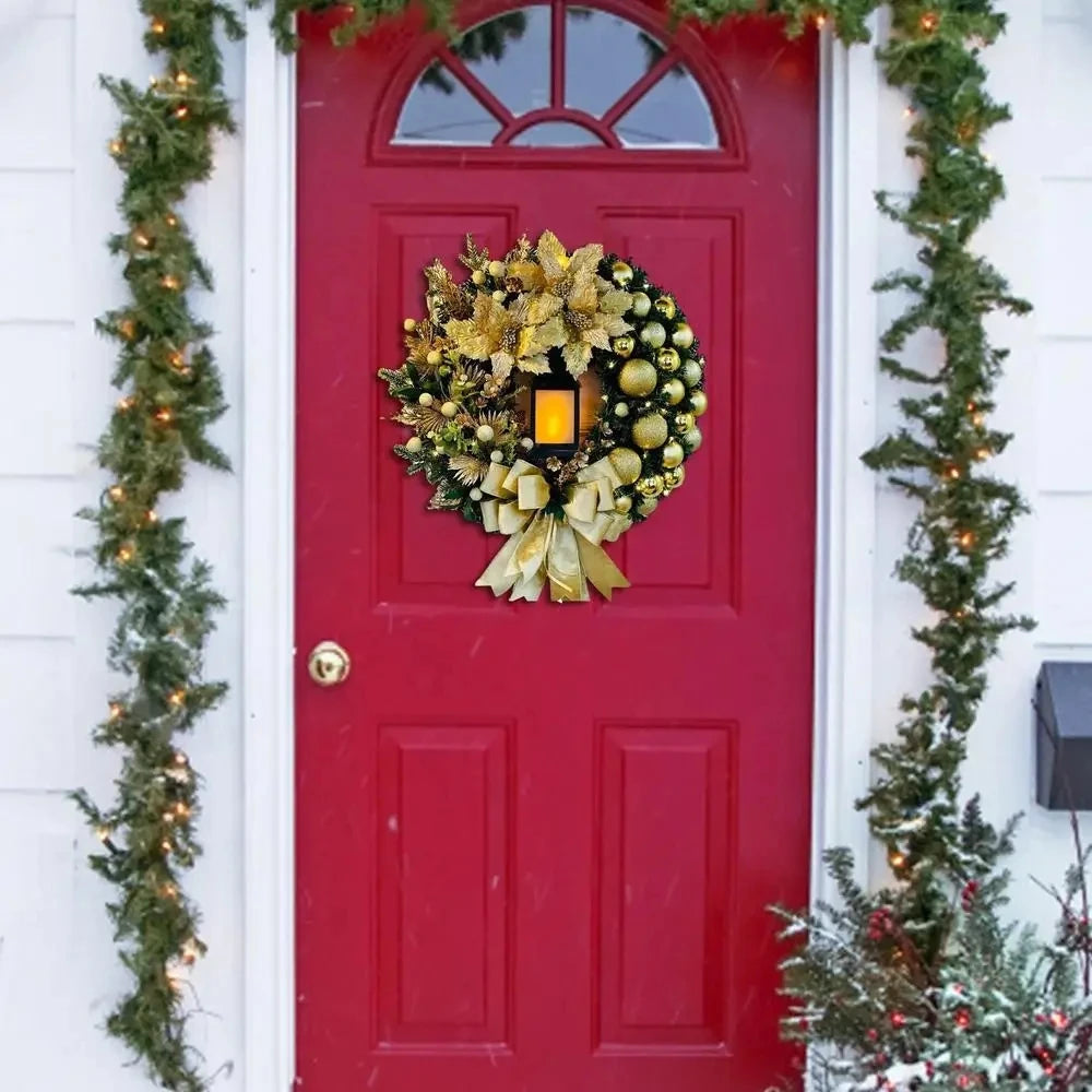 Elegant Christmas Wreath decorated with gold ornaments and ribbons on a red door