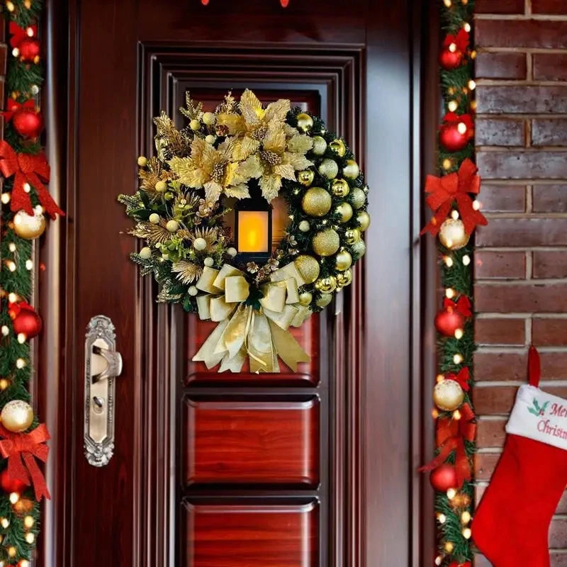 Festive Christmas Wreath adorned with gold accents and a bow, displayed on a wooden door