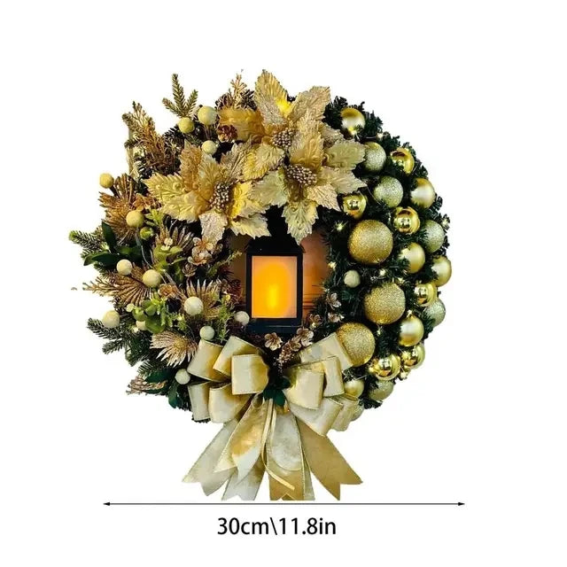 Elegant Christmas Wreath adorned with gold ornaments and a warm lantern centerpiece