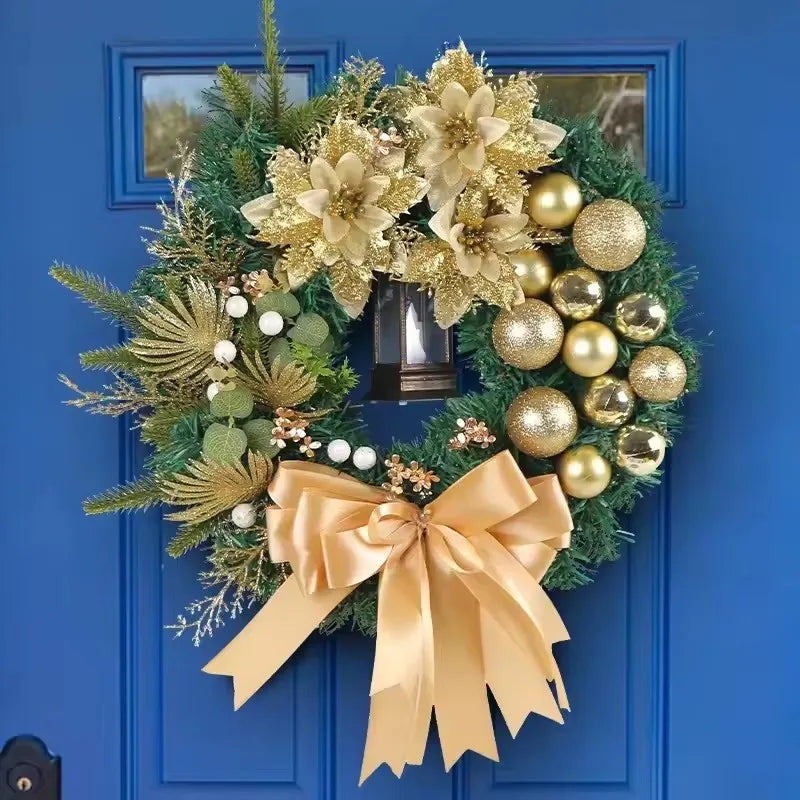Beautiful Christmas Wreath with Gold Bow, Ornaments, and Decorative Flowers for Holiday Decor