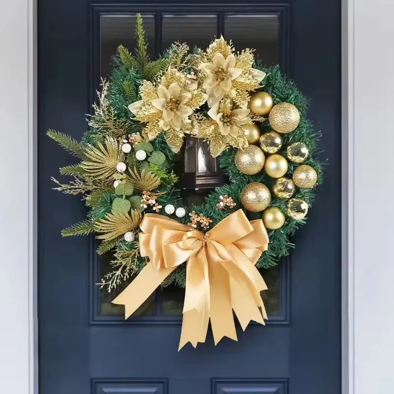 Elegant Christmas Wreath with Gold Accents, Floral Elements, and a Large Bow for Holiday Decor