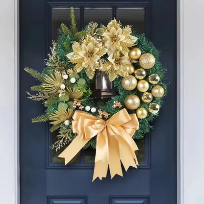 Elegant Christmas Wreath with Gold Accents, Floral Elements, and a Large Bow for Holiday Decor