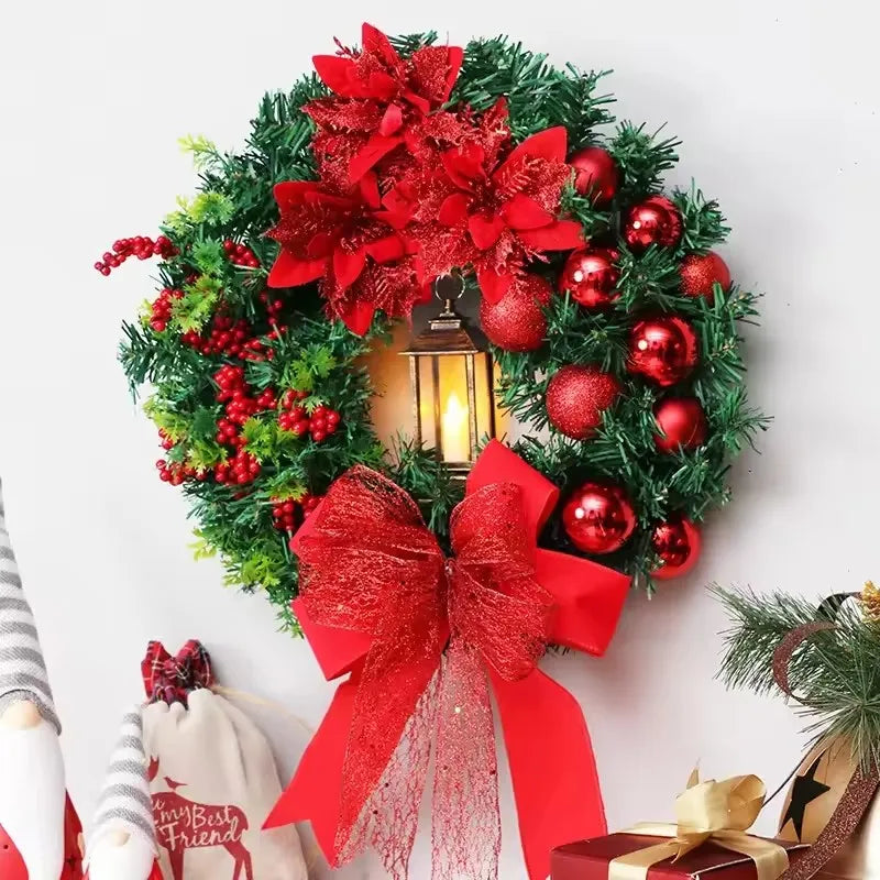 Festive Christmas Wreath with Red Bows, Ornaments, and a Lantern for Holiday Decor