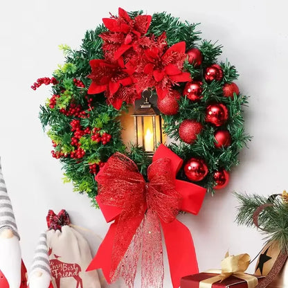 Festive Christmas Wreath with Red Bows, Ornaments, and a Lantern for Holiday Decor