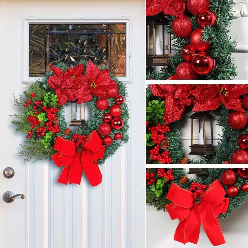 Festive Christmas Wreath with Red Bows, Ornaments, and Poinsettias for Holiday Decor