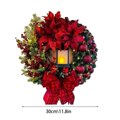 Nutshell Christmas Wreath with Red Flowers, Berries, and Lantern for Holiday Decor
