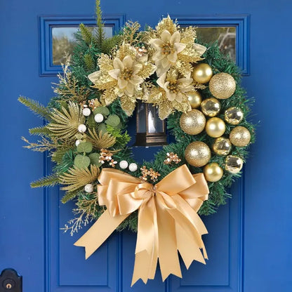 Festive Christmas Wreath With Lantern adorned with gold accents and elegant bow for holiday decor