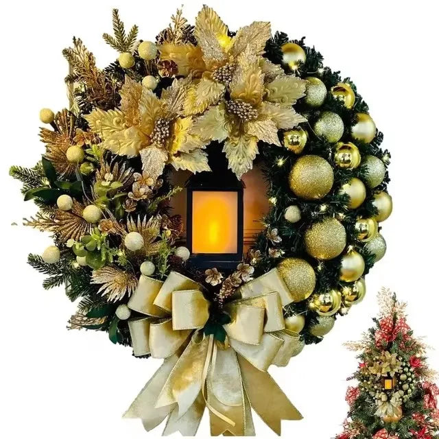 Elegant Christmas Wreath With Lantern Featuring Gold Ornaments and Floral Accents