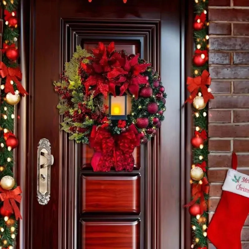 Festive Christmas Wreath With Lantern adorned with vibrant red flowers and greenery on a wooden door