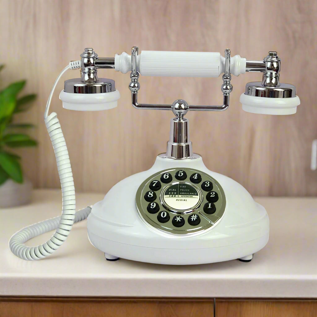 Nutshell Classic Vintage Landline Phone in white with chrome accents and rotary dial