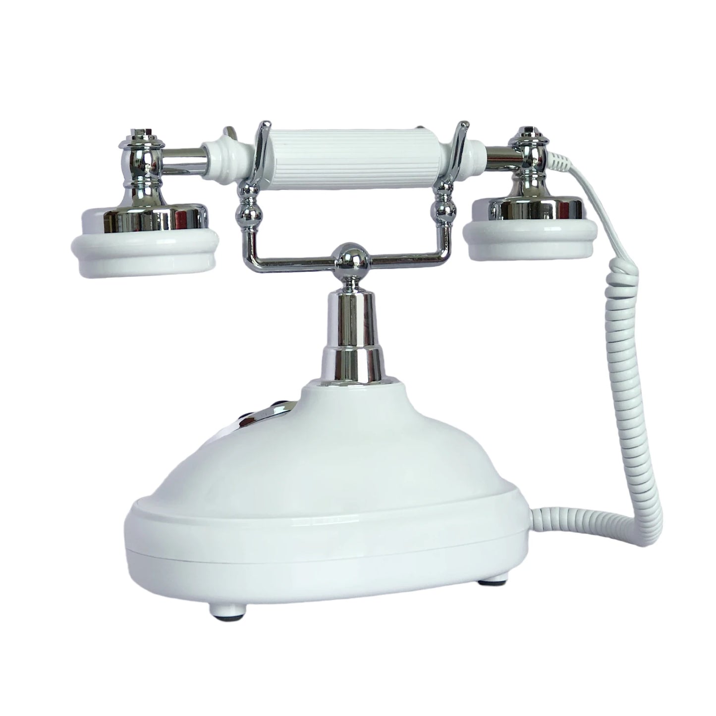 Classic Vintage Landline Phone in White with Chrome Accents and Spiral Cord