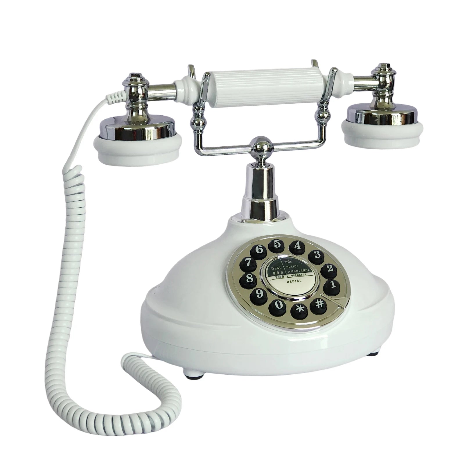 Classic Vintage Landline Phone in white design with rotary dial and chrome accents