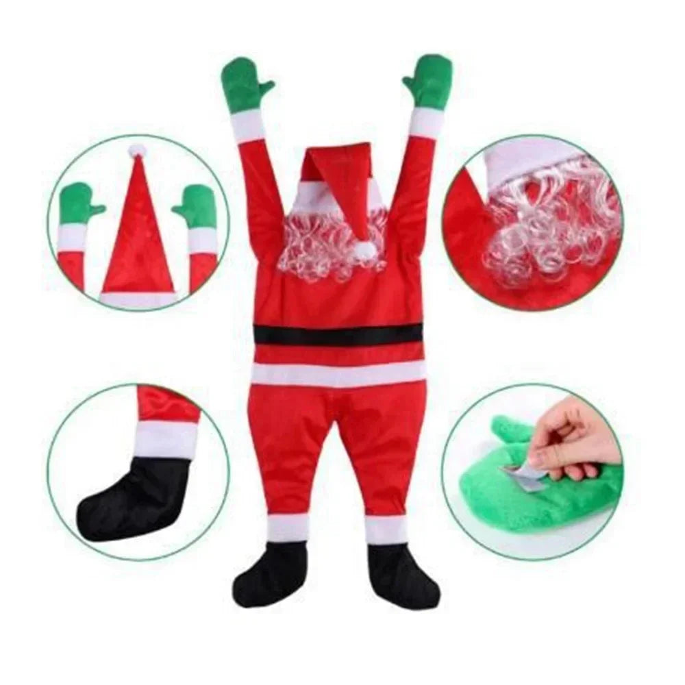 Climbing Santa Claus plush decoration with flexible arms, hat, and glove details for festive decor