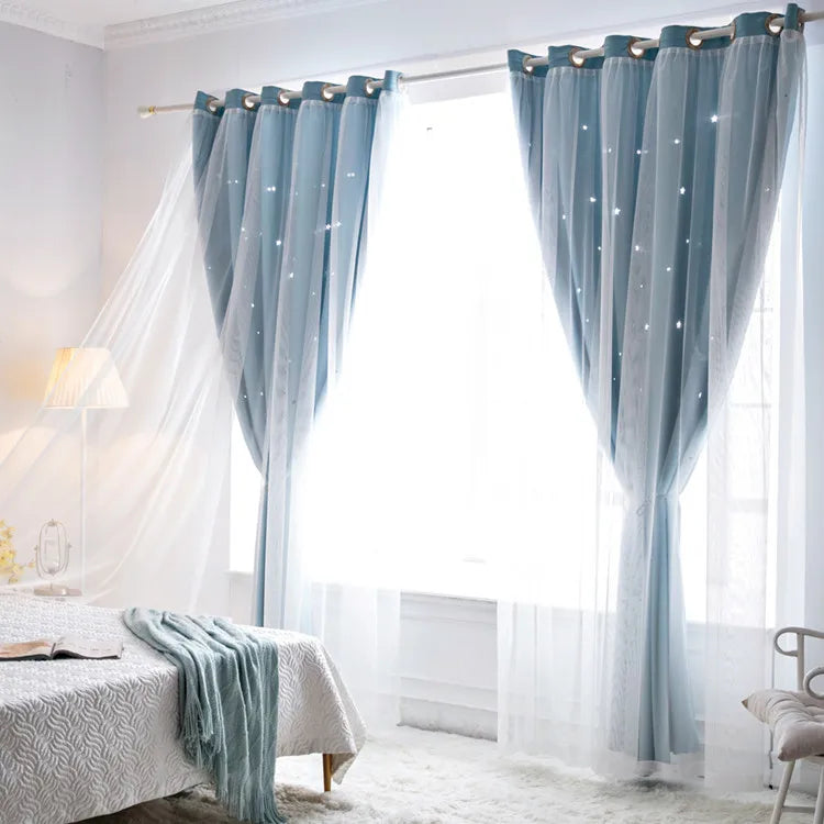 Nutshell Double Layer Sheer Star Curtains light blue drapes with grommet top and sheer star overlay in bright bedroom