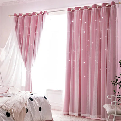 Nutshell pink Double Layer Sheer Star Curtains with grommet top in cozy bedroom scene