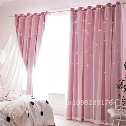 Nutshell Double Layer Sheer Star Curtains pink bedroom panels with grommet top light filtering sheer star overlay