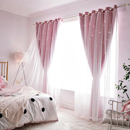 Nutshell Double Layer Sheer Star Curtains pink grommet top layered bedroom window with twinkle stars