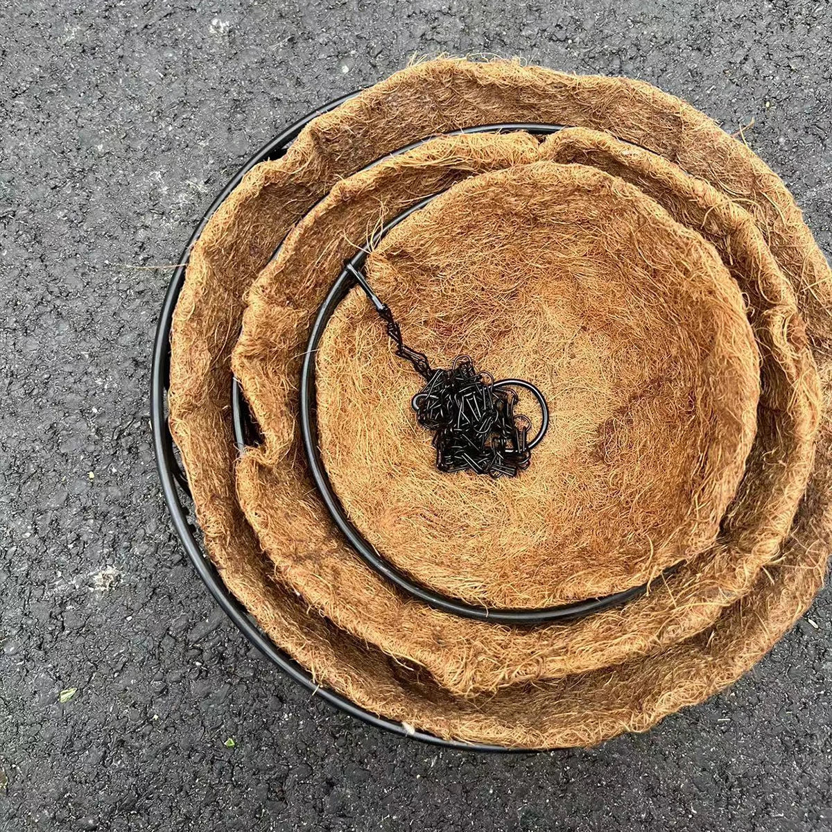 Coconut Brown Round Iron Chain Hanging Basket Flowerpot with a natural fiber liner and black metal frame