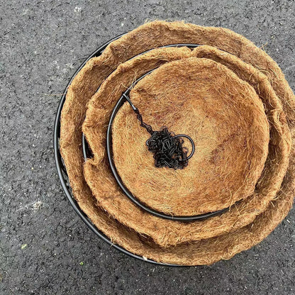 Coconut Brown Round Iron Chain Hanging Basket Flowerpot with a natural fiber liner and black metal frame