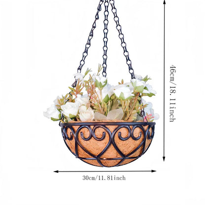 Coconut Brown Round Iron Chain Hanging Basket Flowerpot featuring decorative floral arrangements
