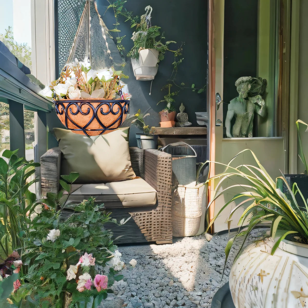 Coconut Brown Round Iron Chain Hanging Basket Flowerpot filled with colorful flowers on a patio