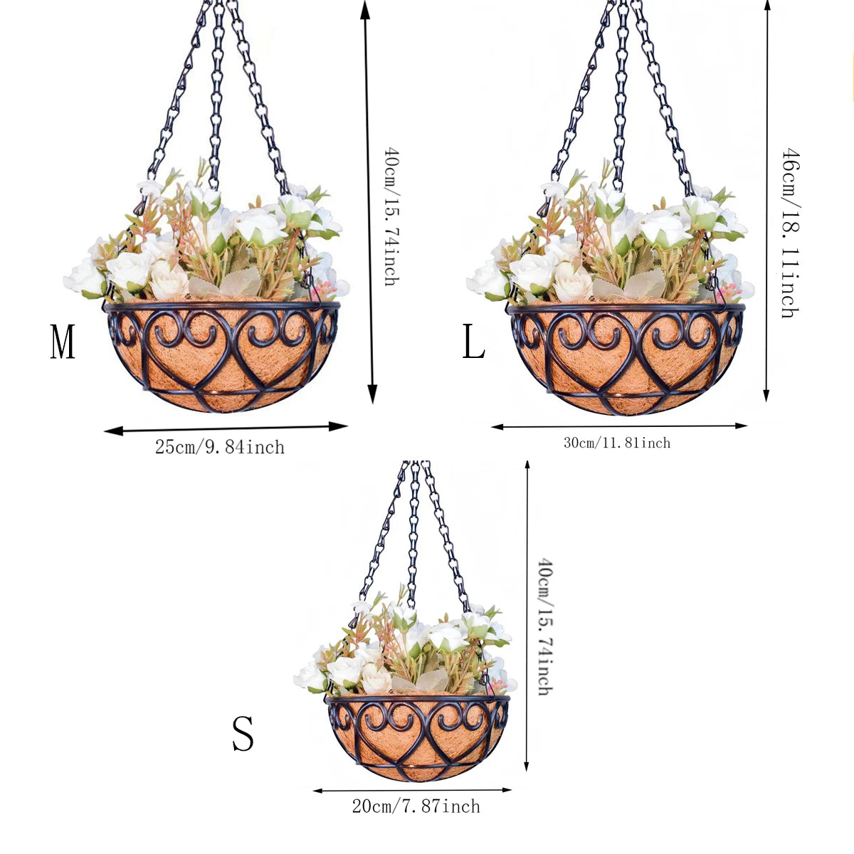 Coconut Brown Round Iron Chain Hanging Basket Flowerpot with flowers in three sizes for indoor and outdoor use