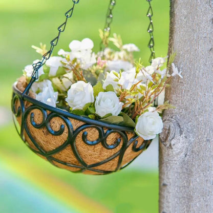 Coconut Brown Round Iron Chain Hanging Basket Flowerpot with White Flowers for Outdoor Decor