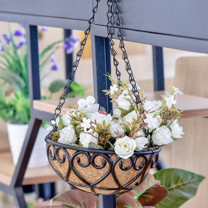Coconut Brown Round Iron Chain Hanging Basket Flowerpot with White Flowers for Home Decor